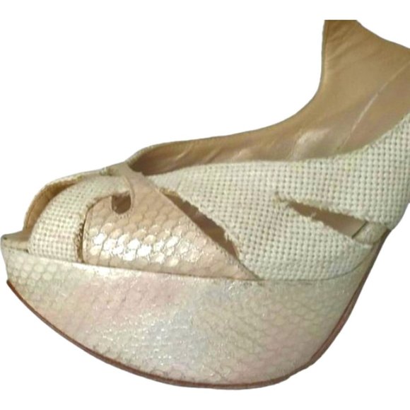 Stuart Weitzman Y278038‎ Eggshell Canvas with Lizardskin Platform Stiletto - Picture 2 of 9